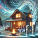 Wat Zijn de Symptomen van Negatieve Energie in Huis? DALL·E 2025-01-22 16.02.57 – A mystical, spiritual-themed image depicting a cozy home surrounded by a glowing protective energy field. The house has a warm, inviting light coming