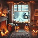 DALL·E 2025-02-21 21.41.33 – Een sfeervolle, winterse scène met een mooi uitzicht uit een raam waarachter zacht vallende sneeuw zichtbaar is. Binnen is er een warme en gezellige s