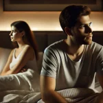 Dromen over vreemdgaan: Betekenis en spirituele inzichten DALL·E 2025-02-22 20.22.35 – A realistic 16_9 image of a man and a woman in bed, looking away from each other with thoughtful expressions. The room has soft, dim lighting, and the