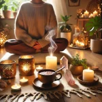 De Magie van een Cacao Ceremonie: Hoe Je Dit Zelf Thuis Kunt Doen DALL·E 2025-03-03 03.13.51 – A serene and spiritual cacao ceremony setup. A cozy room with candles, a cup of steaming ceremonial cacao, crystals, and a calming atmosphere. A perso