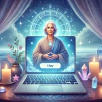 Mediumchat: Ontvang Direct Antwoord van een Medium! DALL·E 2025-03-04 20.29.28 – A mystical and calming image of a psychic medium chatting online. The setting is serene with a soft glowing aura around the medium. A laptop is open i