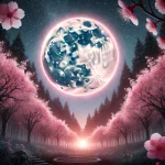 Volle Maan in April 2025: Betekenis, Invloed & Rituelen DALL·E 2025-03-14 20.38.12 – A mystical full moon in the night sky of April 2025, shining brightly over a peaceful forest with blooming pink flowers, symbolizing the ‘Pink Moon.’