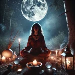 DALL·E 2025-03-21 09.15.10 – A mystical and serene moon ritual scene at night. A woman sits peacefully under a full moon in a quiet forest clearing, surrounded by candles, crystal