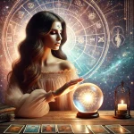 Paragnost of medium? Dit moet je echt weten DALL·E 2025-03-24 08.35.49 – A serene and mystical setting featuring a female psychic (paragnost) with long flowing hair, sitting at a wooden table covered with tarot cards and a